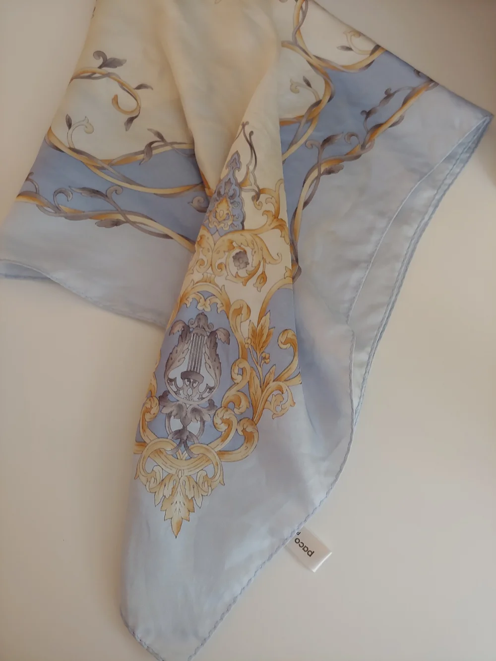 Elegant Light Blue Scarf Silk Scarf with Gold Baroque Accent